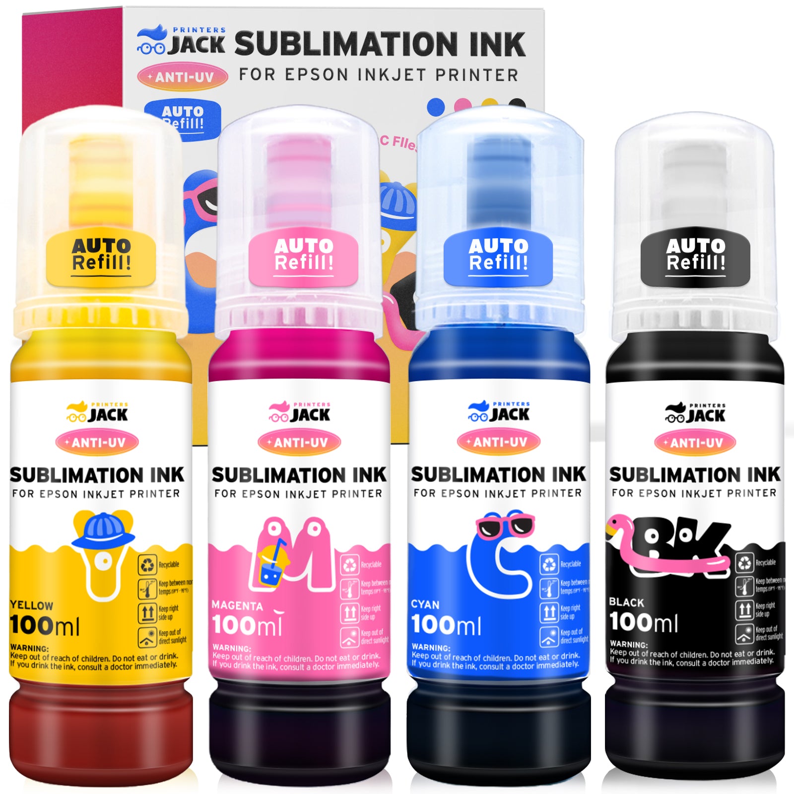 Multi-Color Auto-Refill Anti-UV Printers Jack Sublimation Ink Refill for Epson EcoTank Supertank Printers - printers-jack