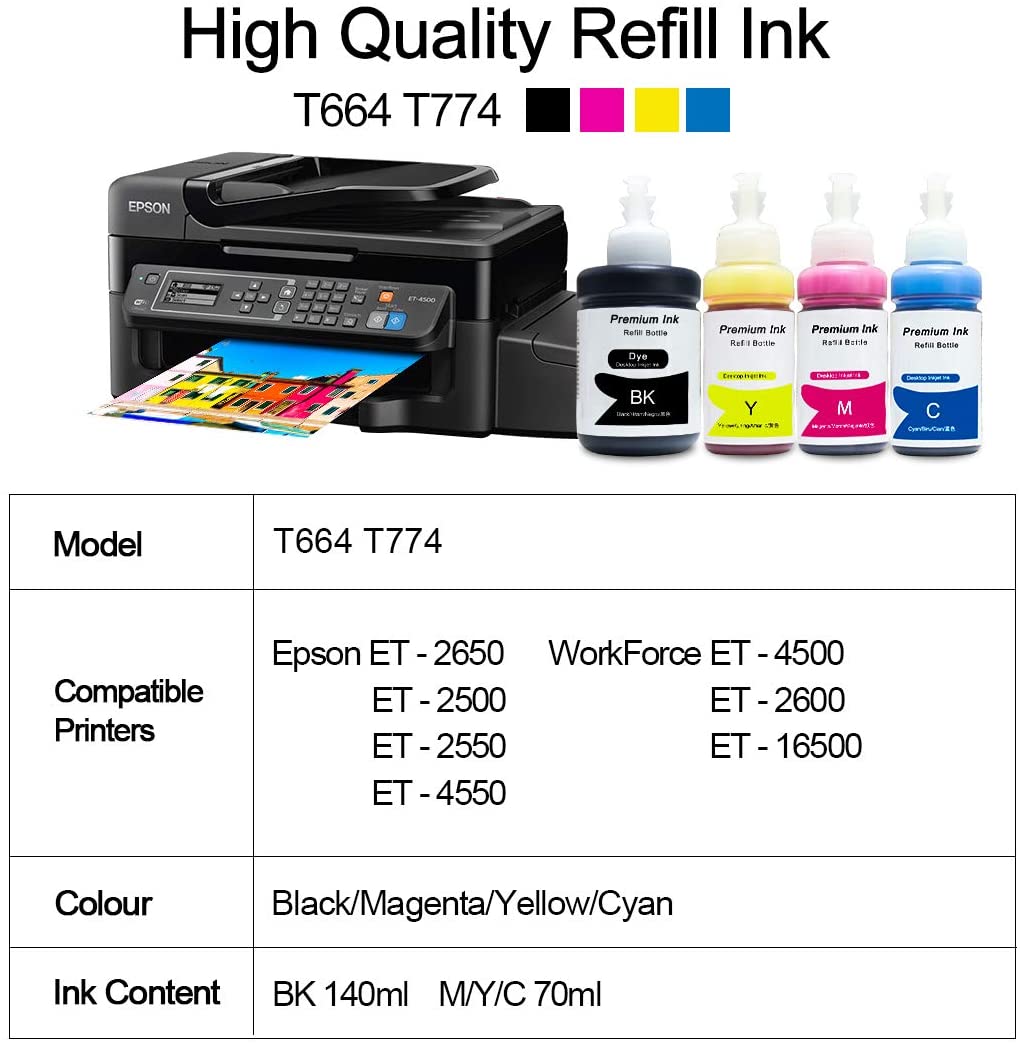 4 140ml Bottles Pigment Ink for Epson ET-4700 ET-4760 Printer 