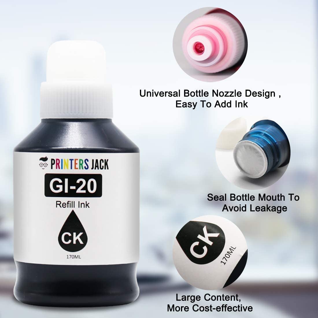 Printers Jack Compatible Canon GI-20 GI20 Refill Ink Bottles Kit for Canon PIXMA G5020 G6020 G7020 MegaTank Printers