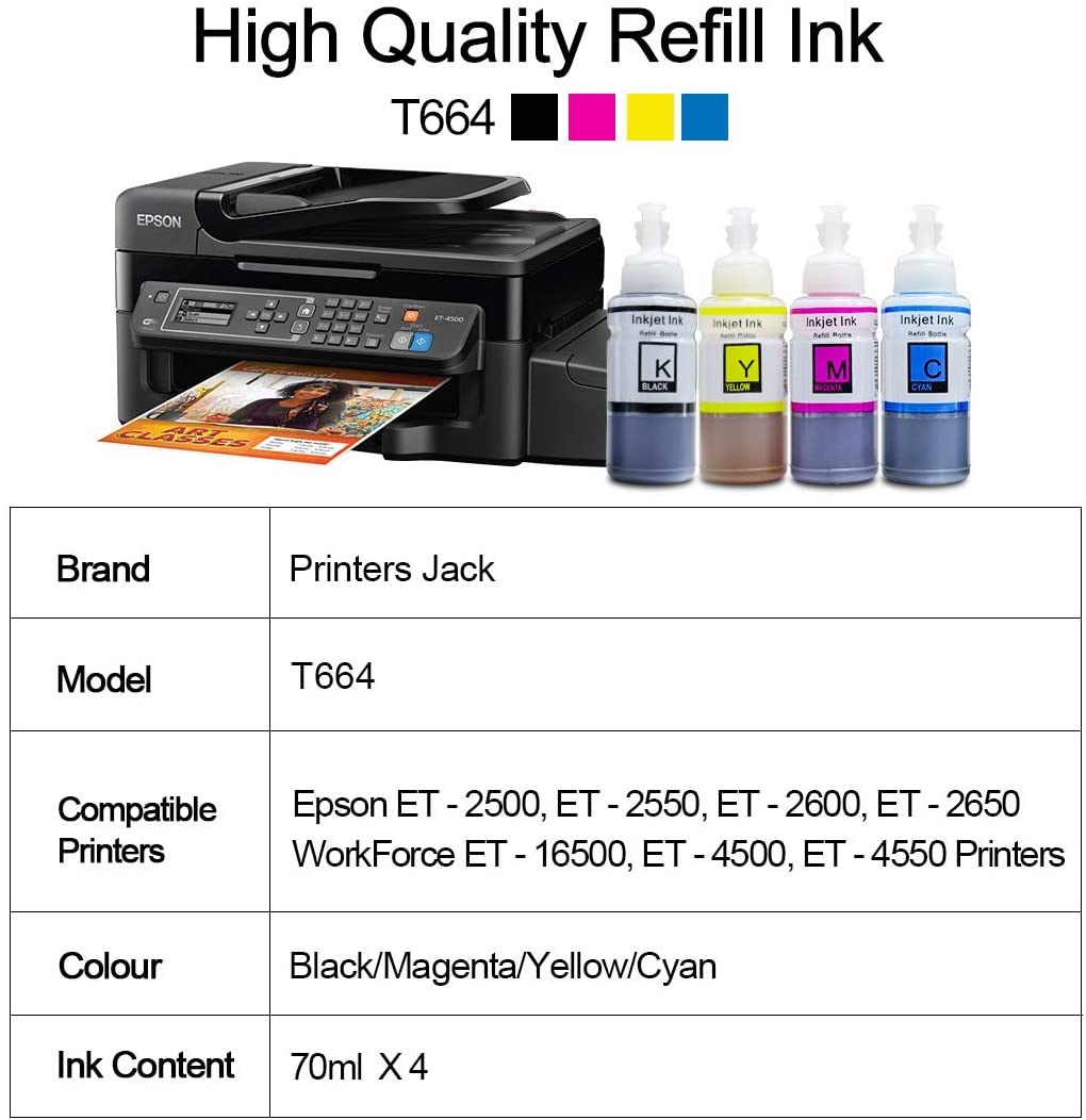 Printers Jack Compatible Epson T664 Refill Ink Bottle kit for Expression ET-2650, ET-2500, ET-2550, ET-2600 & Workforce ET-16500, ET-4500, ET-4550 Printers