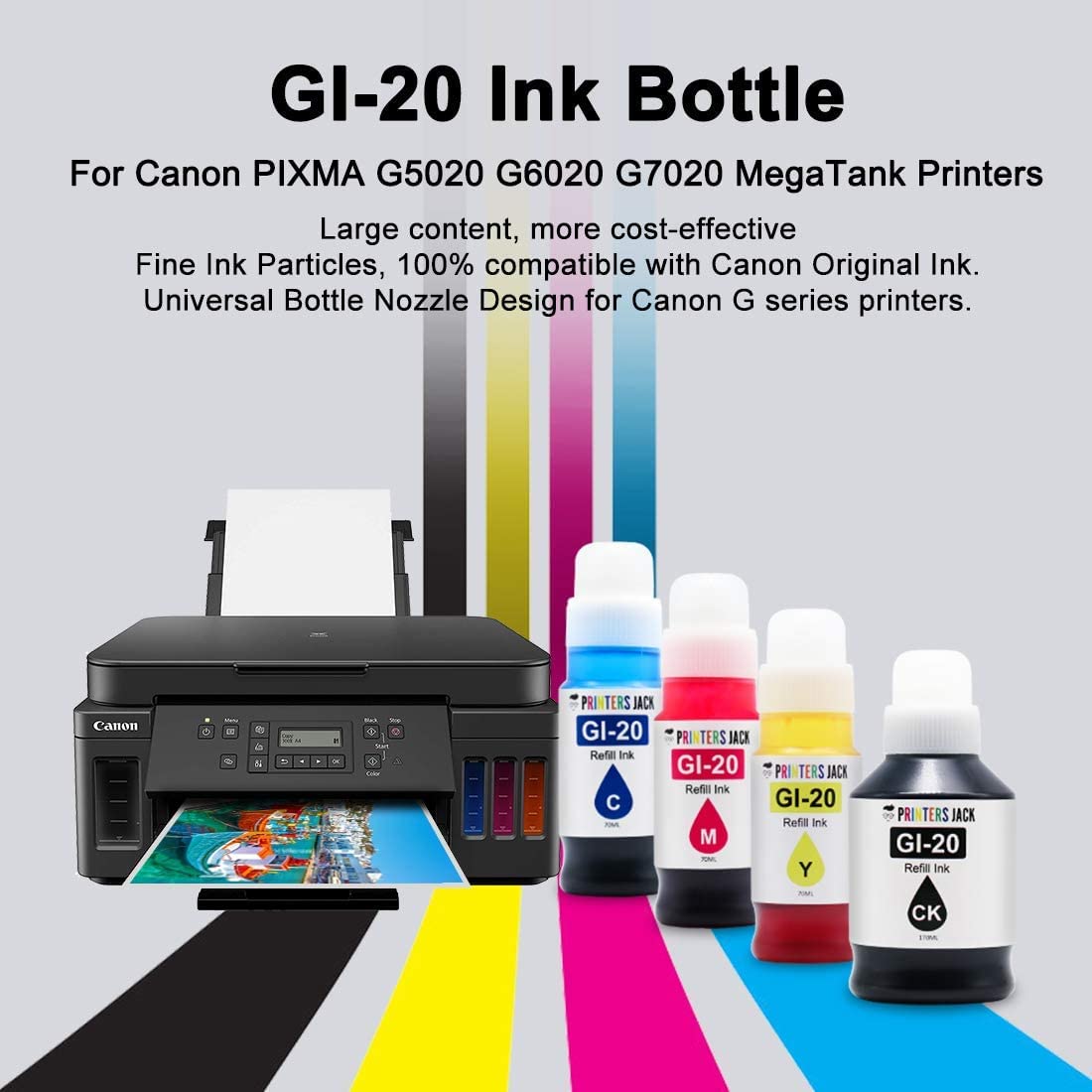 Printers Jack Compatible Canon GI-20 GI20 Refill Ink Bottles Kit for Canon PIXMA G5020 G6020 G7020 MegaTank Printers