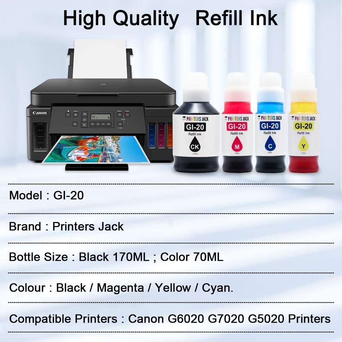 Printers Jack Compatible Canon GI-20 GI20 Refill Ink Bottles Kit for Canon PIXMA G5020 G6020 G7020 MegaTank Printers