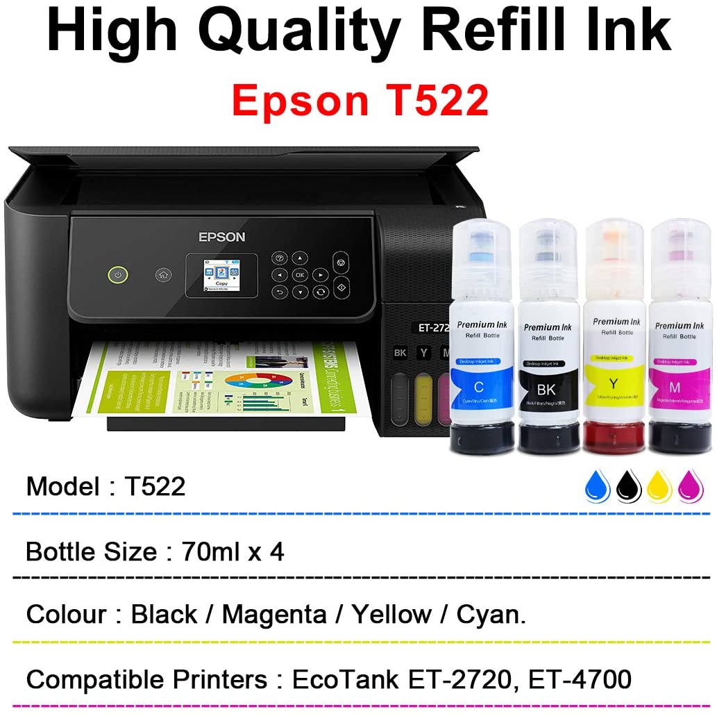 Printers Jack Compatable Epson T522 Refill Ink Bottle Kit for Epson EcoTank ET-2720, ET-4700