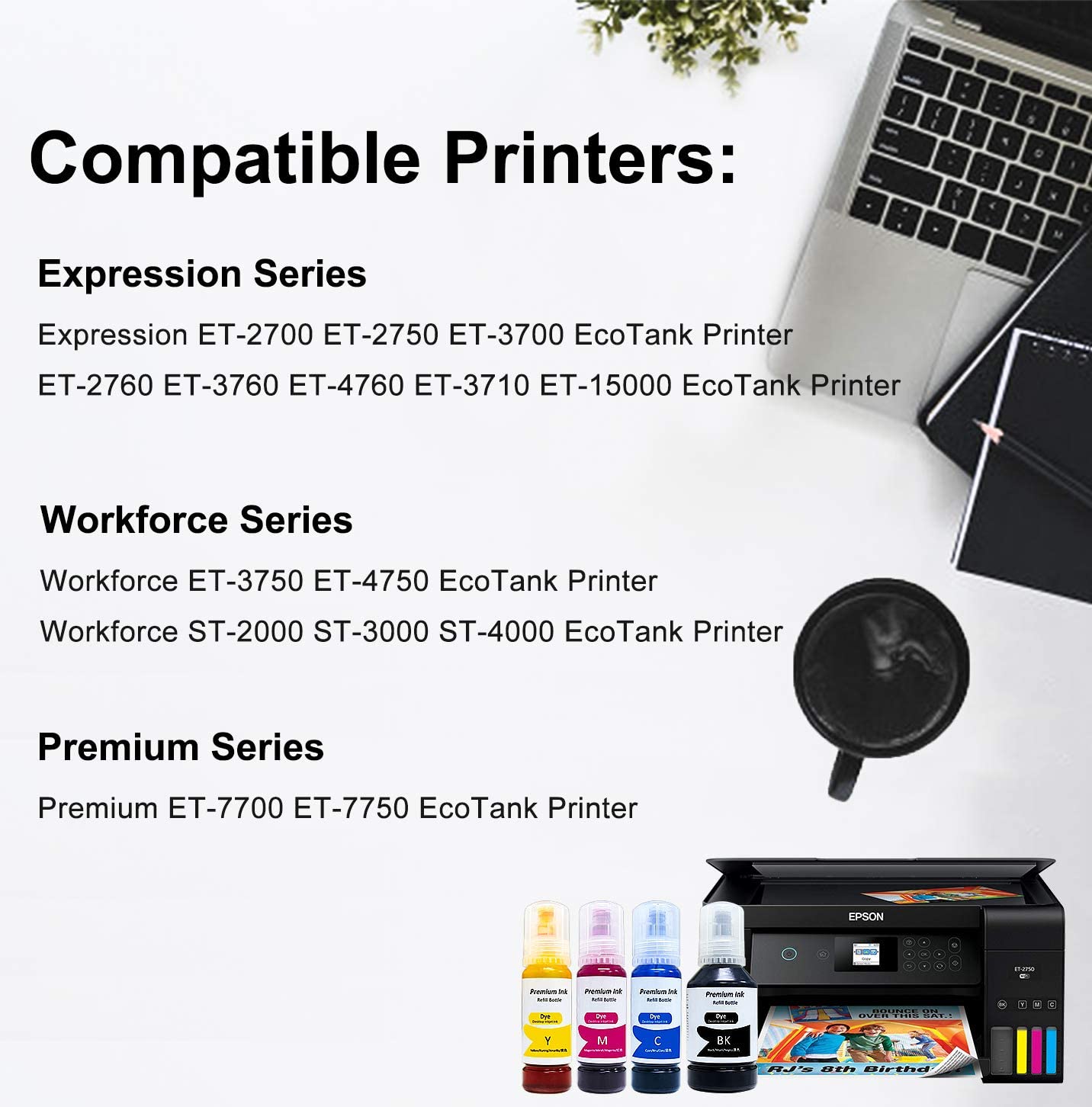 Printers Jack Compatible Epson T502 502 Refill Ink Bottle Kit for Epson EcoTank ET-2700 ET-2750 ET-2760 ET-3700 ET-3710 ET-3750 ET-3760 ET-4760 ET15000 ST-2000 ST-3000 ST4000 - printers-jack