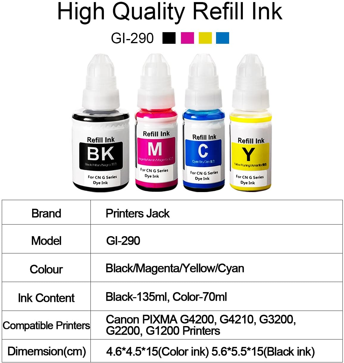 Printers Jack Compatible Canon GI-290 Refill Ink Bottle Kit for Canon PIXMA G4200, PIXMA G3200, PIXMA G4210, PIXMA G2200, PIXMA G1200 Printers