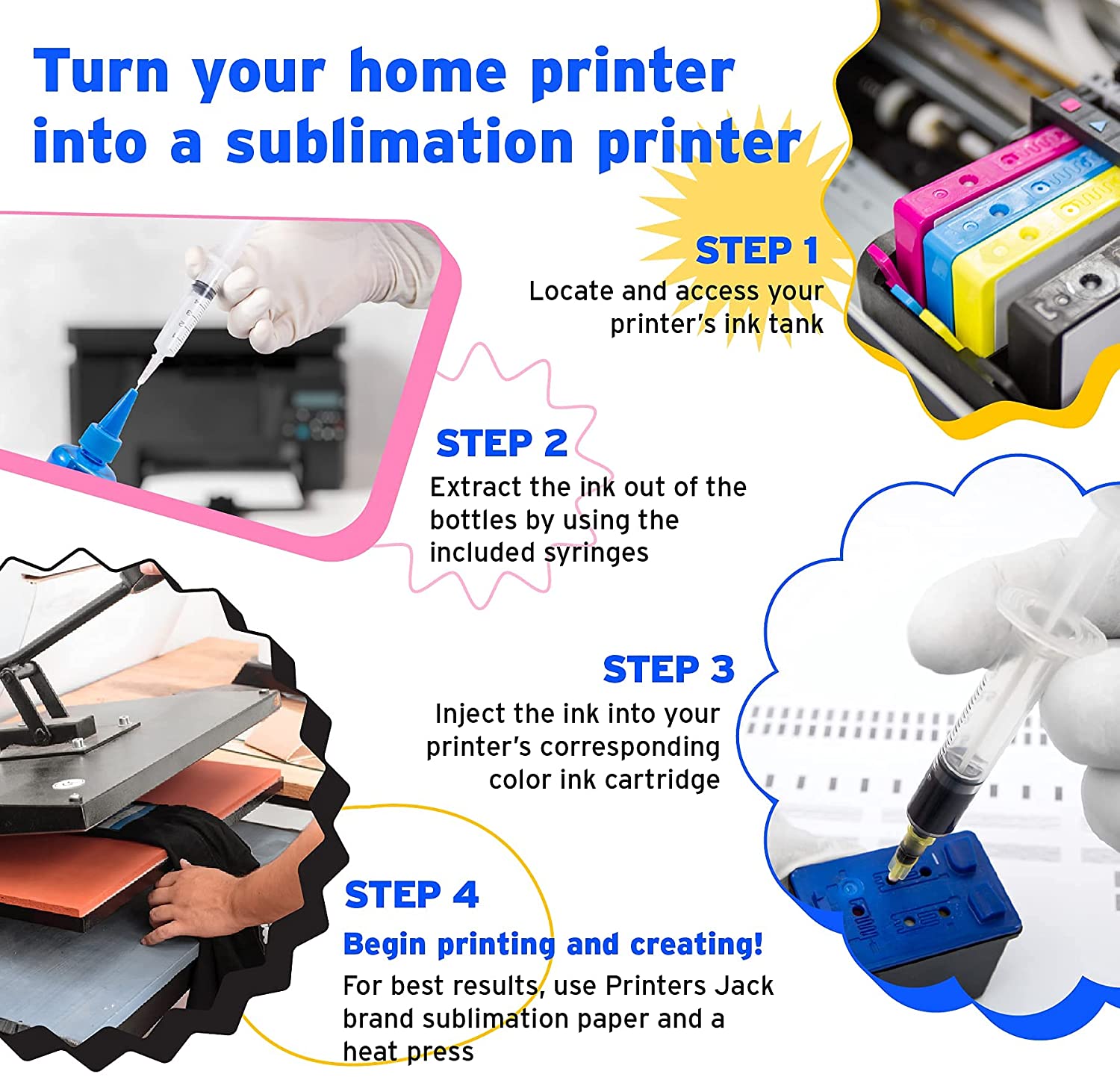 Black Printers Jack 4 Pack 400ML Sublimation Ink Replacement Colors - printers-jack
